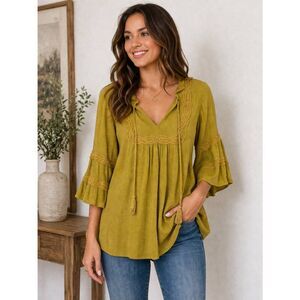 Maurices Mustard Boho Lace Tassel Blouse Small
